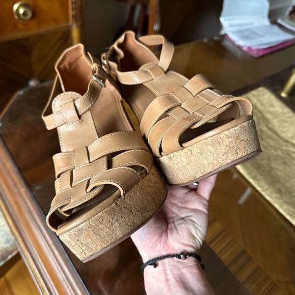 Tory Burch Leather Wedge Strappy Slingback Sandals Cork - Picture 8 of 9